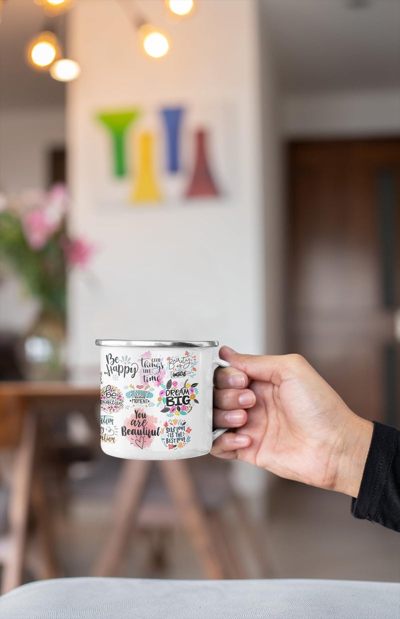 TAJNAN Unbreakable Enamel Military Mug Floral Motivational Quote Enamel Mug with Positive Affirmations & Colorful Flower Art - Image 3