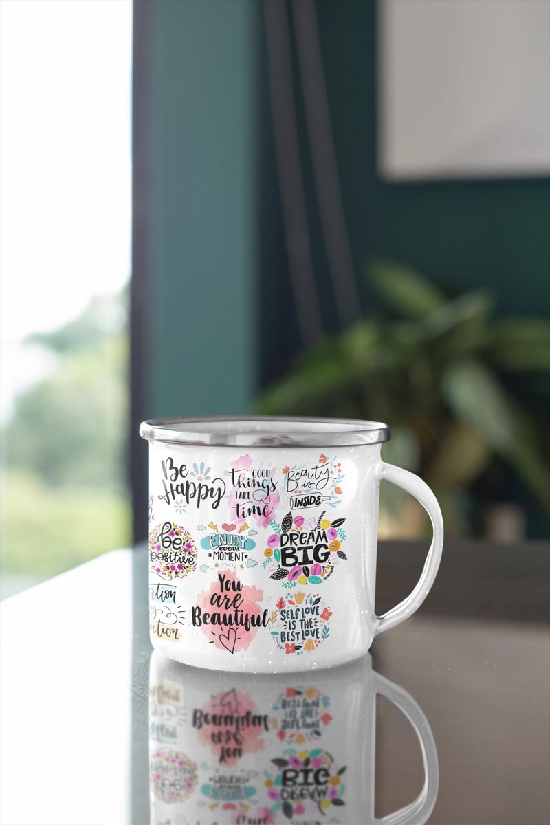 TAJNAN Unbreakable Enamel Military Mug Floral Motivational Quote Enamel Mug with Positive Affirmations & Colorful Flower Art - Image 1
