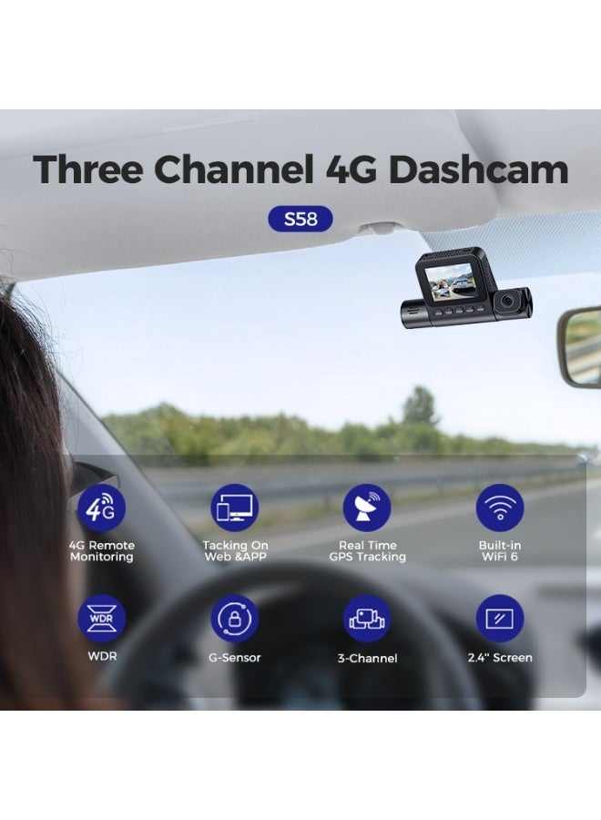 أزدوم كاميرا مراقبة للسيارة بدقة 4K مع واي فاي 4G وثلاث قنوات للأمام والخلف والداخلية - كاميرا سيارة برؤية ليلية - Image 4