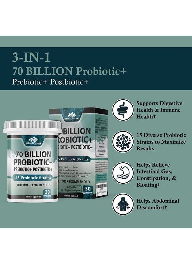 NaturaLife Labs - Probiotics 70 Billion Cfu 15 Probiotic Strains + Organic Prebiotic+ Postbiotic 3In1 Complete Promotes Healthy Digestive & Immune Function Gas Bloating Constipation Support For Men & Women - Image 1