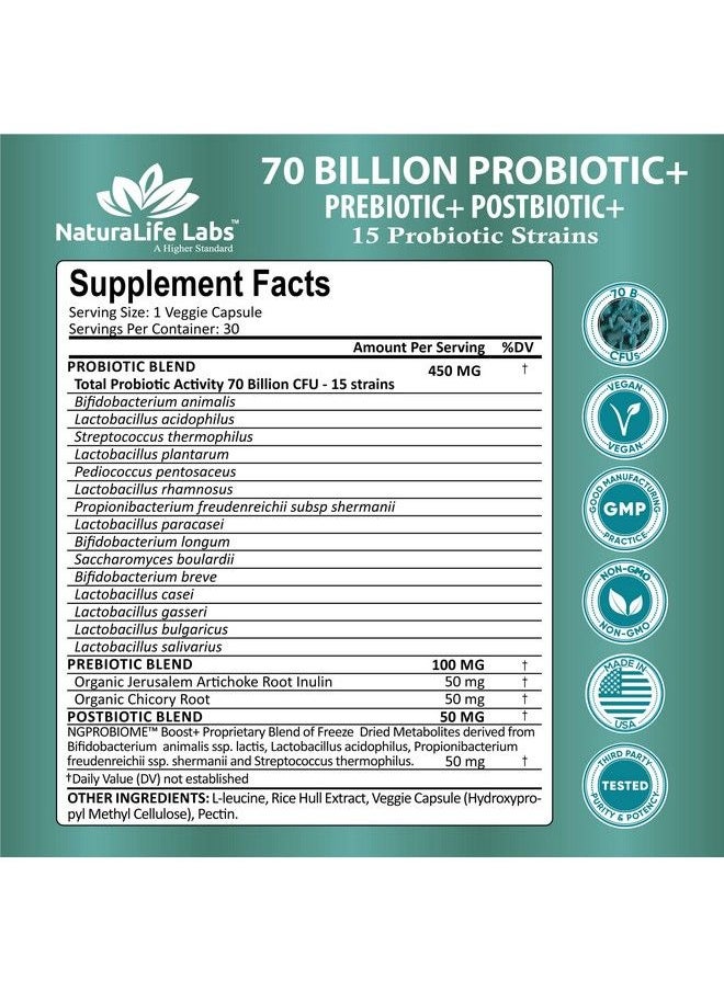 NaturaLife Labs - Probiotics 70 Billion Cfu 15 Probiotic Strains + Organic Prebiotic+ Postbiotic 3In1 Complete Promotes Healthy Digestive & Immune Function Gas Bloating Constipation Support For Men & Women - Image 1