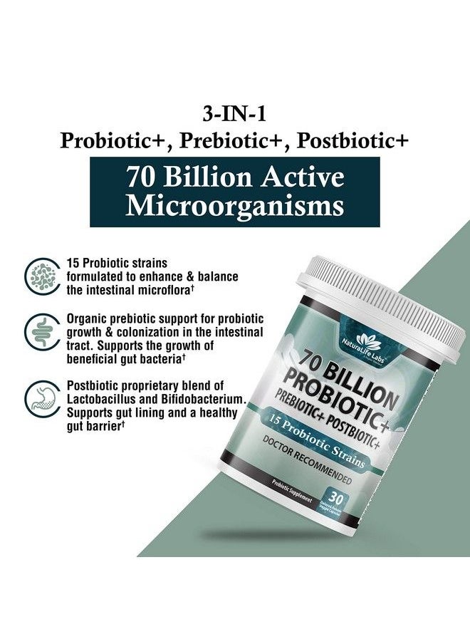 NaturaLife Labs - Probiotics 70 Billion Cfu 15 Probiotic Strains + Organic Prebiotic+ Postbiotic 3In1 Complete Promotes Healthy Digestive & Immune Function Gas Bloating Constipation Support For Men & Women - Image 1