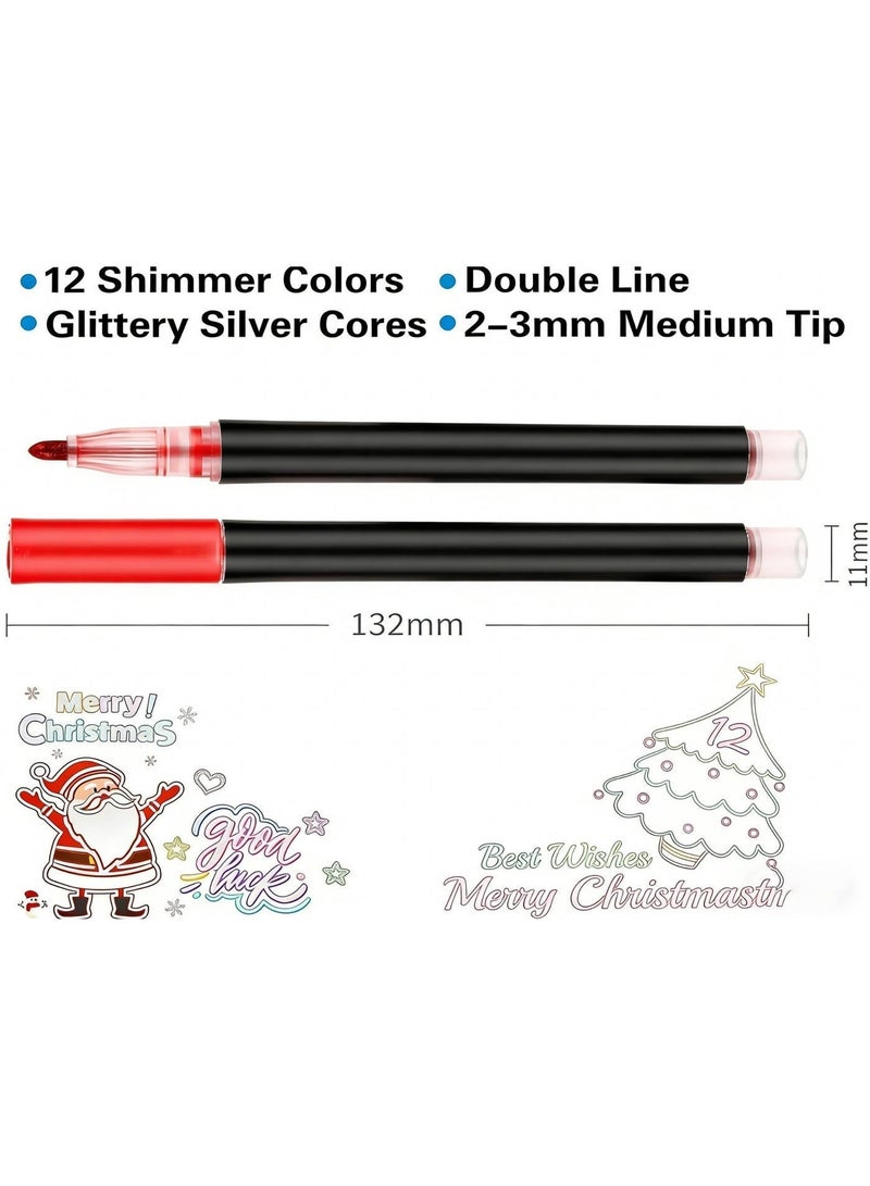 12 Colors Shimmer Markers, Doodle Outline Dazzles, Metallic Double Line Glitter Pens Set, Super Squiggles, Sparkle Dazzlers, Cool Fun Fancy Self Sparkly Supplies, for Kids Christmas Gift, Art Craft - Image 2