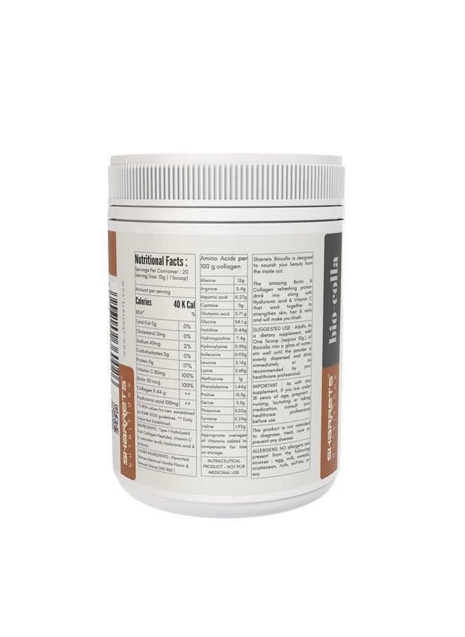 Sharrets - Biocolla, Vanilla Flavored 200G - Fish Collagen With Hyaluronic Acid, Vitamin C & Biotin: Hair Skin And Nails Supplement - Image 1