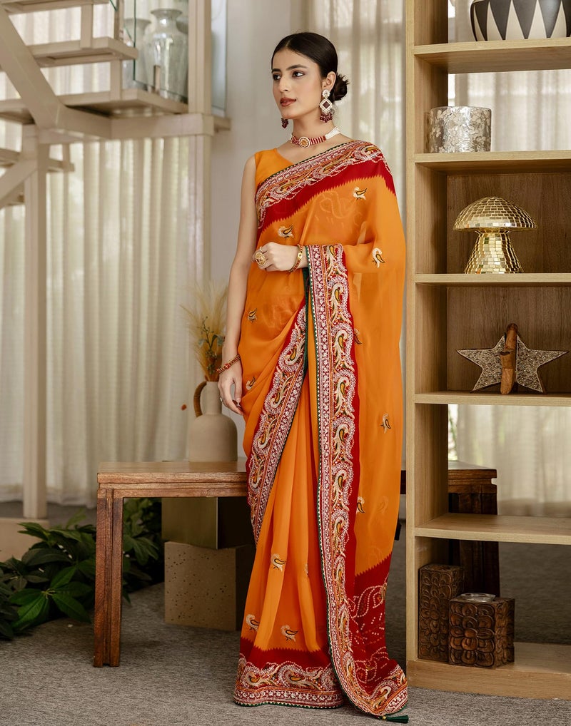 SIRIL Women's Georgette Bandhani Printed and Embroidery Saree with Unstitched Blouse Piece (4513S120_Turmeric Yellow) - Image 5