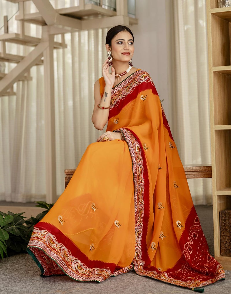 SIRIL Women's Georgette Bandhani Printed and Embroidery Saree with Unstitched Blouse Piece (4513S120_Turmeric Yellow) - Image 3