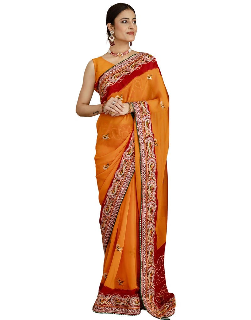 SIRIL Women's Georgette Bandhani Printed and Embroidery Saree with Unstitched Blouse Piece (4513S120_Turmeric Yellow) - Image 1