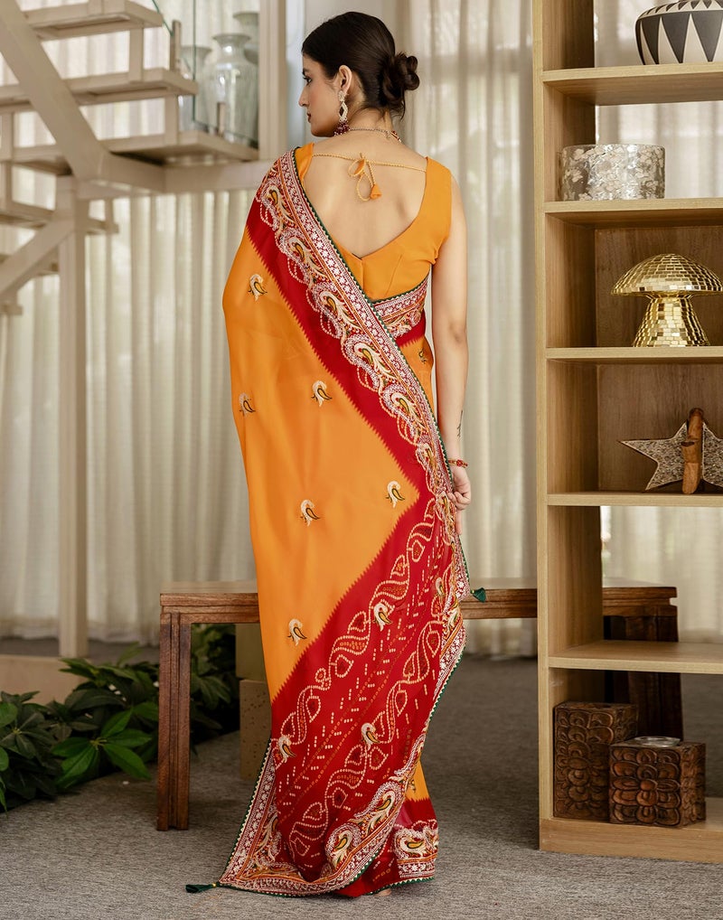 SIRIL Women's Georgette Bandhani Printed and Embroidery Saree with Unstitched Blouse Piece (4513S120_Turmeric Yellow) - Image 4
