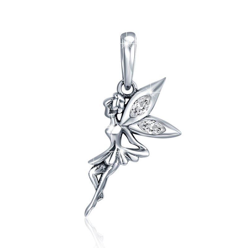 BISAER 925 Sterling Silver Flower Fairy Dangle Charms for Bracelet Necklaces Flower Fairy Pendant