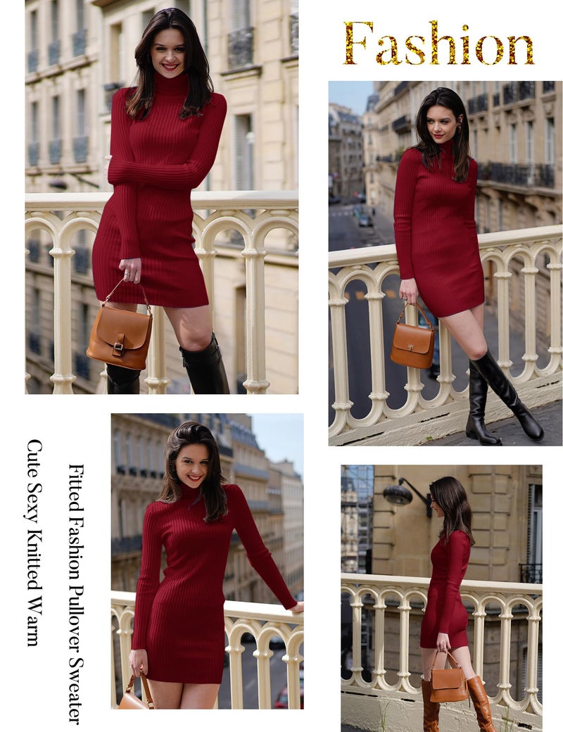 v28 Women Turtleneck Long Sleeve Bodycon Fall Winter Mini Slim Knit Sweater Dress(M,Burgundy) - Image 2