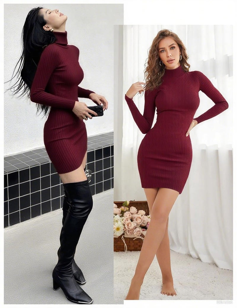v28 Women Turtleneck Long Sleeve Bodycon Fall Winter Mini Slim Knit Sweater Dress(M,Burgundy) - Image 4