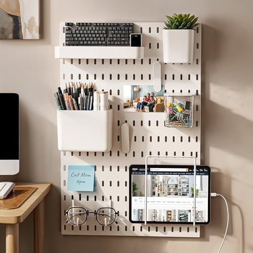 ABOUT SPACE Peg Board-Home Organizer Pegboard Wall Organizer with 9 Accessories & Self-Adhesive Stickers for Home Office, Bathroom, Kitchen Wall Hanging (L 36Xb 1Xh 56 Cm)-Metal, White - Image 1
