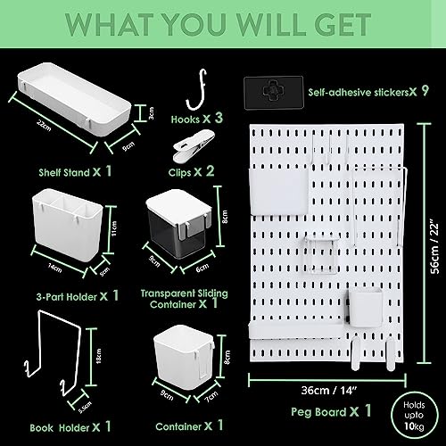 ABOUT SPACE Peg Board-Home Organizer Pegboard Wall Organizer with 9 Accessories & Self-Adhesive Stickers for Home Office, Bathroom, Kitchen Wall Hanging (L 36Xb 1Xh 56 Cm)-Metal, White - Image 2
