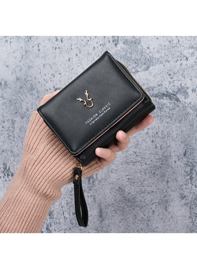 Women's Small Wallet Leather Hand Coin Purse Two-in-One Zipper Three-fold Card Bag One-piece Storage Bag-Color:Black  - Image 1