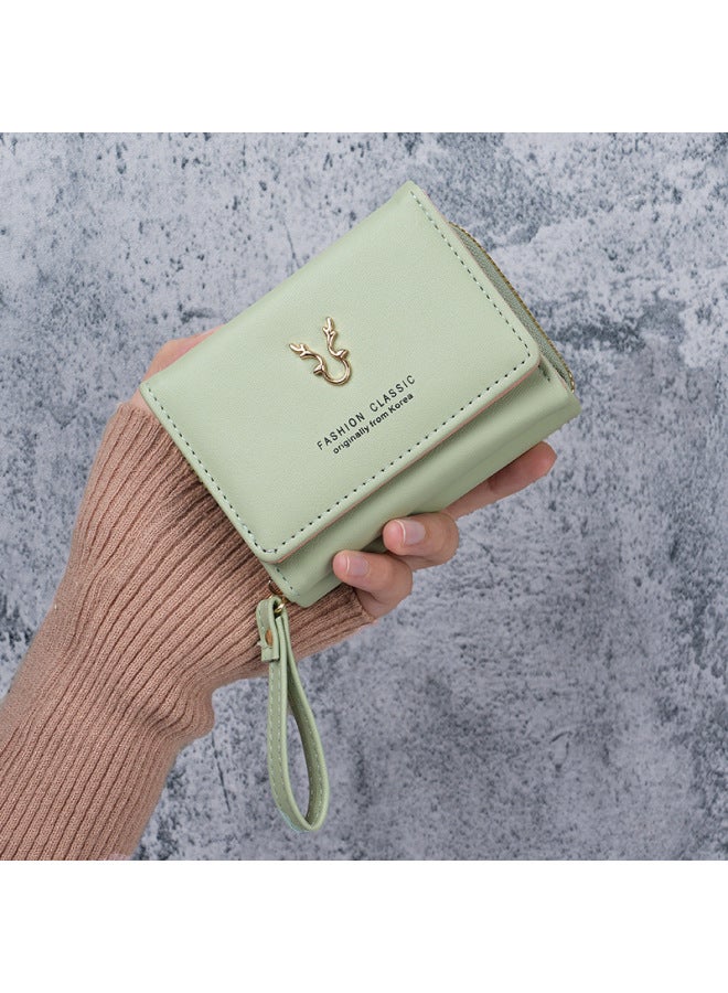 Women's Small Wallet Leather Hand Coin Purse Two-in-One Zipper Three-fold Card Bag One-piece Storage Bag-Color:Black  - Image 2