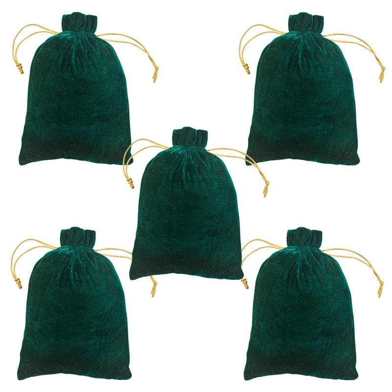 Dulhan DLC set of 5 Velvet Potli Bags for Return Gifts, 5x7 inch Green color pouch for Wedding gifts, Women Jwellery Handbag - Image 1