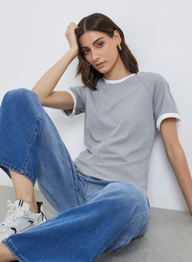 Take Two Contrast Trim Ribbed Knit T-Shirt - Image 1