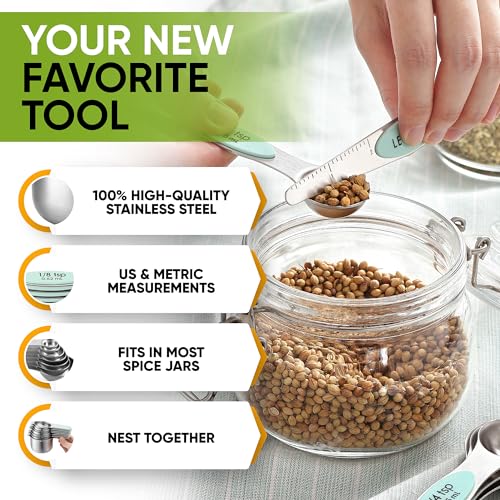 Spring Chef Magnetic Measuring Cups & Spoons Set, Patented, Strong N45 Magnets, Heavy Duty Stainless Steel Fits in Spice Jars for Baking & Cooking, BPA Free, Round Set of 15 with Leveler, Mint - Image 5
