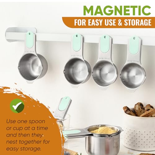 Spring Chef Magnetic Measuring Cups & Spoons Set, Patented, Strong N45 Magnets, Heavy Duty Stainless Steel Fits in Spice Jars for Baking & Cooking, BPA Free, Round Set of 15 with Leveler, Mint - Image 4