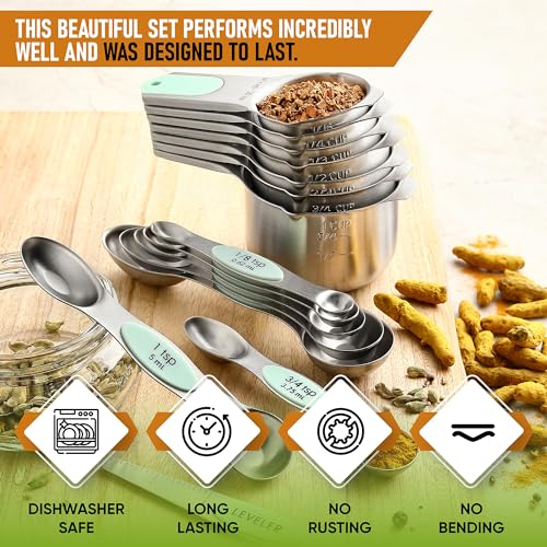 Spring Chef Magnetic Measuring Cups & Spoons Set, Patented, Strong N45 Magnets, Heavy Duty Stainless Steel Fits in Spice Jars for Baking & Cooking, BPA Free, Round Set of 15 with Leveler, Mint - Image 2