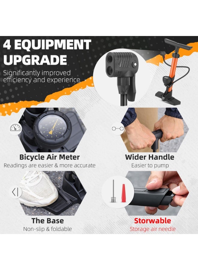 Arabest Bike Floor Pump, Bikes Pump with Gauge,Bicycle Air Pump with High Pressure 160 Psi, BikeTire Pump with Presta Schrader Valves，Portable Hand Pump Bike, Fits Road Bikes MTB E-Bike, Ball - Image 2
