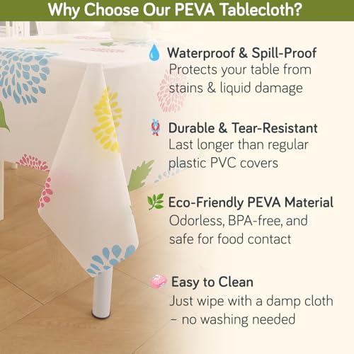 HOKIPO Polyethylene Vinyl Acetate(PEVA) Waterproof Square Table Cover Cloth for 4 Seater Dining Table,Dustproof Table Cloth for Study & Coffee Table,54x54 Inches,Multicolor Chrysanthemum(AR-5871-D3) - Image 3