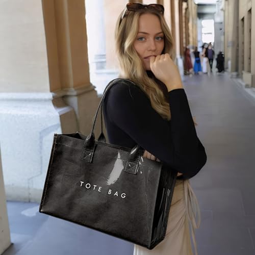 KALIDI FANCY FOREST KALIDI PVC Tote Bag Women’s Kraft Paper Work Handbags Purses with Top Handle,Black - Image 3