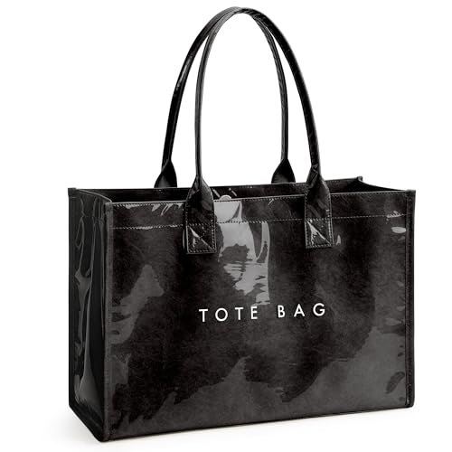 KALIDI FANCY FOREST KALIDI PVC Tote Bag Women’s Kraft Paper Work Handbags Purses with Top Handle,Black - Image 1