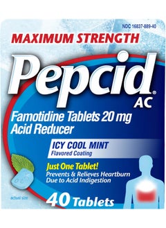 Pepcid Pepcid AC Maximum Strength Heartburn Relief Tablets, OTC Medicine Prevents & Relieves Heartburn Due to Acid Indigestion & Sour Stomach, 20mg Famotidine Acid Reducer, ICY Cool Mint, 40 ct 