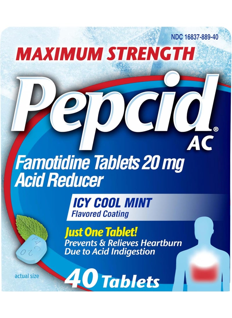 Pepcid Pepcid AC Maximum Strength Heartburn Relief Tablets, OTC Medicine Prevents & Relieves Heartburn Due to Acid Indigestion & Sour Stomach, 20mg Famotidine Acid Reducer, ICY Cool Mint, 40 ct 