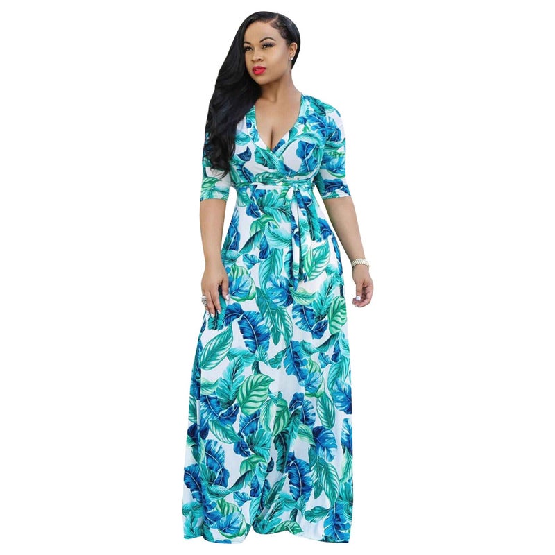 Bohemian V-Neck Printed Plus Size Maxi Dress