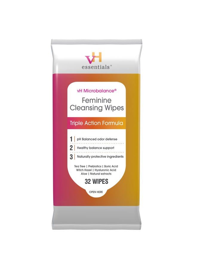 vH Essentials Feminine Cleansing Wipes 32 ct. pH Balanced, Prebiotics, Tea Tree & Aloe, Soothing Witch Hazel, Odor-Blocking Formula, Vaginal and Perianal Care, Paraben, Alcohol, and Fragrance-Free - Image 1