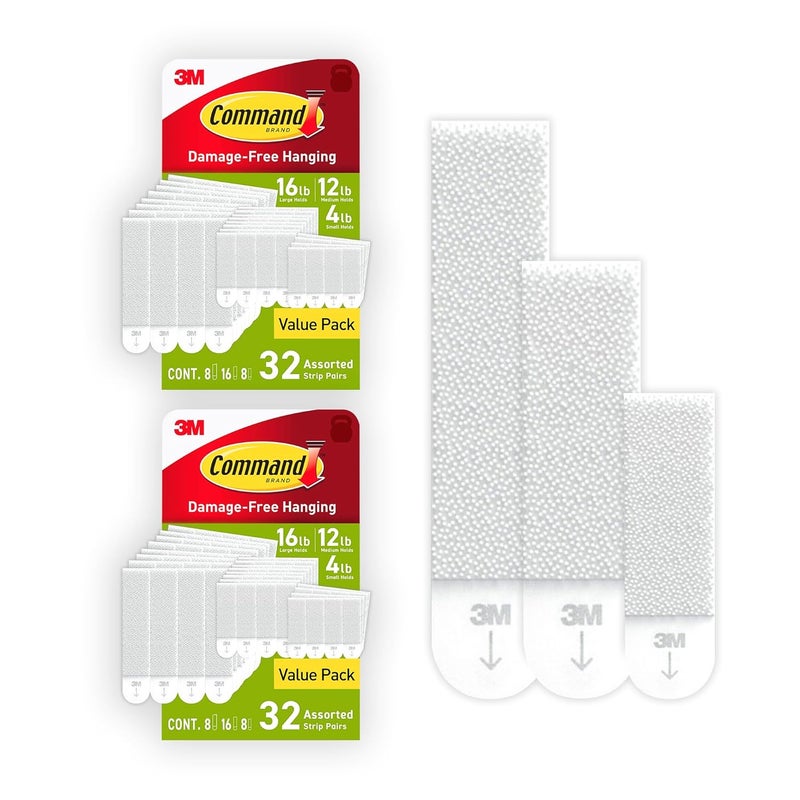 Command Picture Hanging Strips Variety Pack, Damage Free Hanging Picture Hangers, No Tools Wall Hanging Strips for Living Spaces, White, 16 Small Pairs, 32 Medium Pairs and 16 Large Pairs (128 Strips) - Image 1