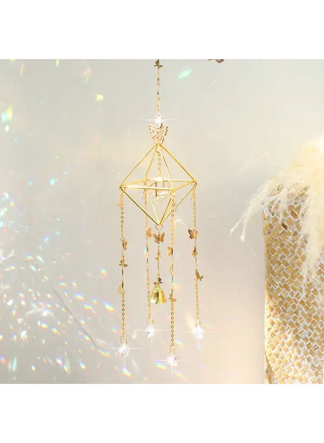 Bohemian Butterfly Garden Crystal Sun Catcher with Bells Golden Geometric Quadrilateral Frame Sparkling Accents for Home Bedroom Living Room Wall Decor Weddings Holidays Anniversaries Gifts Geometric Crystal Garden Decor Model A - Image 1