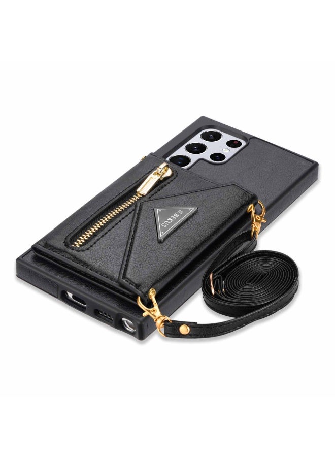 إكس ليفيل حافظة محفظة من الجلد الصناعي لسامسونج جالاكسي S22 Ultra 5G، 6.8 بوصة - حامل بطاقات، محفظة بسحاب ومسند (أسود) - Image 1
