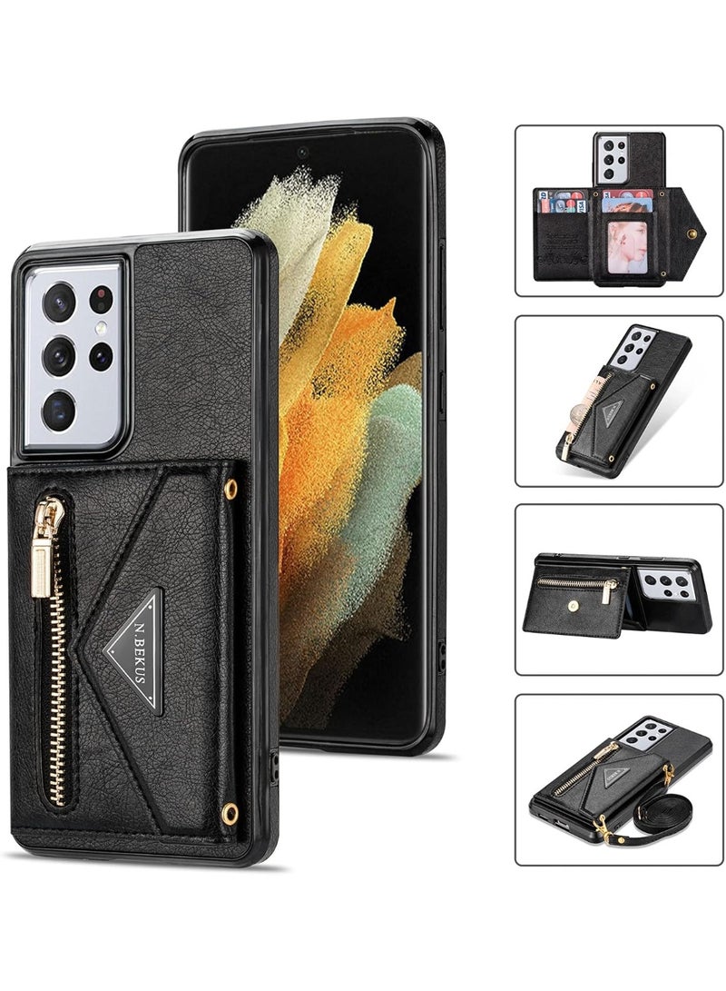 إكس ليفيل حافظة محفظة من الجلد الصناعي لسامسونج جالاكسي S22 Ultra 5G، 6.8 بوصة - حامل بطاقات، محفظة بسحاب ومسند (أسود) - Image 4