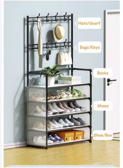 Yara Essentials Shoe Racks Storage , Coat and Shoe Rack , Coat Rack with Shoe Storage , Upgrade 5 Tier Shoe Rack , Black Shoe Rack , Shoe Storage Organizer , Shoe Shelf with 8 Hooks for Bedroom , Hallway , Office - Hat and Bag Organizer  - Shoe Storage - Dust Proof and Adjustable Height  - Image 5