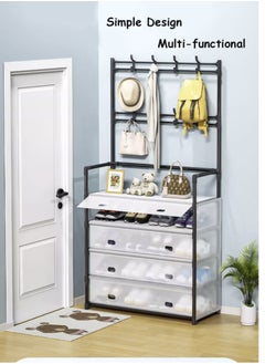 Yara Essentials Shoe Racks Storage , Coat and Shoe Rack , Coat Rack with Shoe Storage , Upgrade 5 Tier Shoe Rack , Black Shoe Rack , Shoe Storage Organizer , Shoe Shelf with 8 Hooks for Bedroom , Hallway , Office - Hat and Bag Organizer  - Shoe Storage - Dust Proof and Adjustable Height  - Image 4