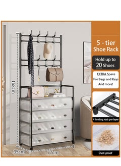 Yara Essentials Shoe Racks Storage , Coat and Shoe Rack , Coat Rack with Shoe Storage , Upgrade 5 Tier Shoe Rack , Black Shoe Rack , Shoe Storage Organizer , Shoe Shelf with 8 Hooks for Bedroom , Hallway , Office - Hat and Bag Organizer  - Shoe Storage - Dust Proof and Adjustable Height  - Image 1