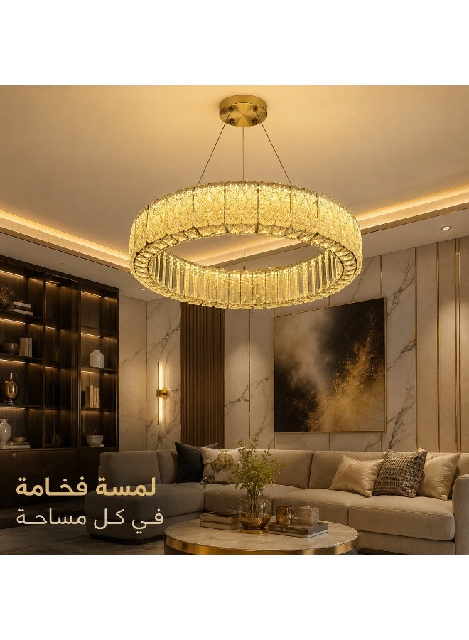 Modern LED crystal round chandelier, 60cm, gold, with remote control, 3 light colors (white, warm, and cool), suitable for reception and living room. - Image 1