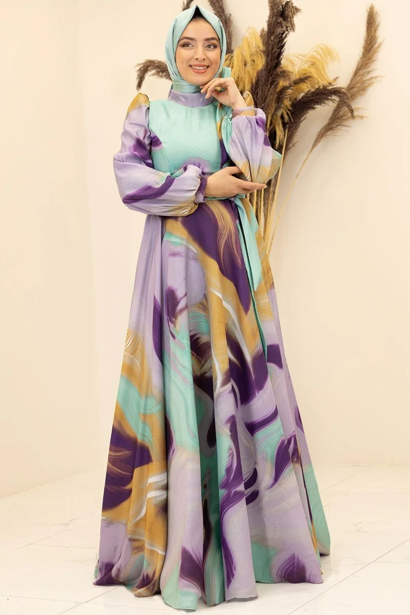 Esilanur Silk Satin Belted Bow Collar Marbling Patterned Modest Dress Mint