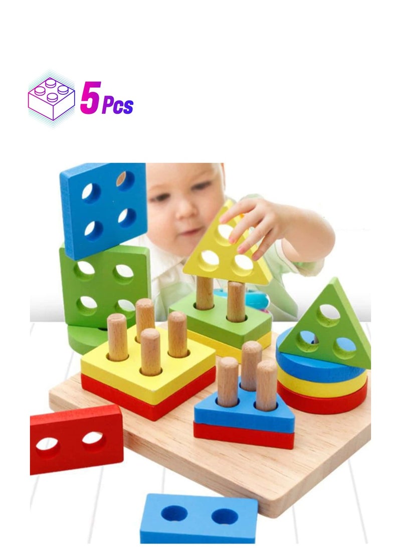 Wooden Geometric Building Blocks Set - 5pcs Color & Shape Sorting Toy for Early Learning, Educational Development, and Stacking Fun  - Image 1