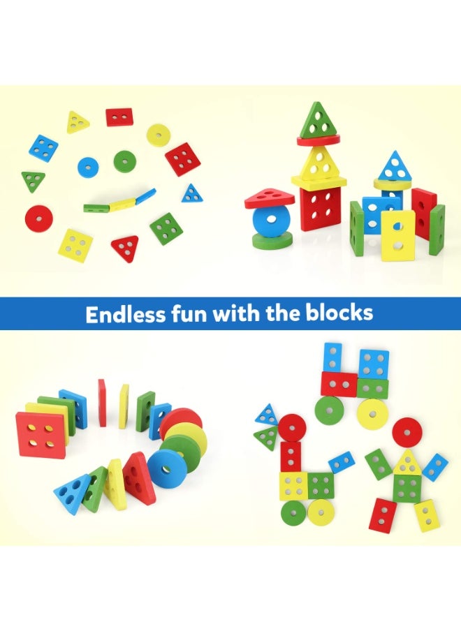 Wooden Geometric Building Blocks Set - 5pcs Color & Shape Sorting Toy for Early Learning, Educational Development, and Stacking Fun  - Image 2