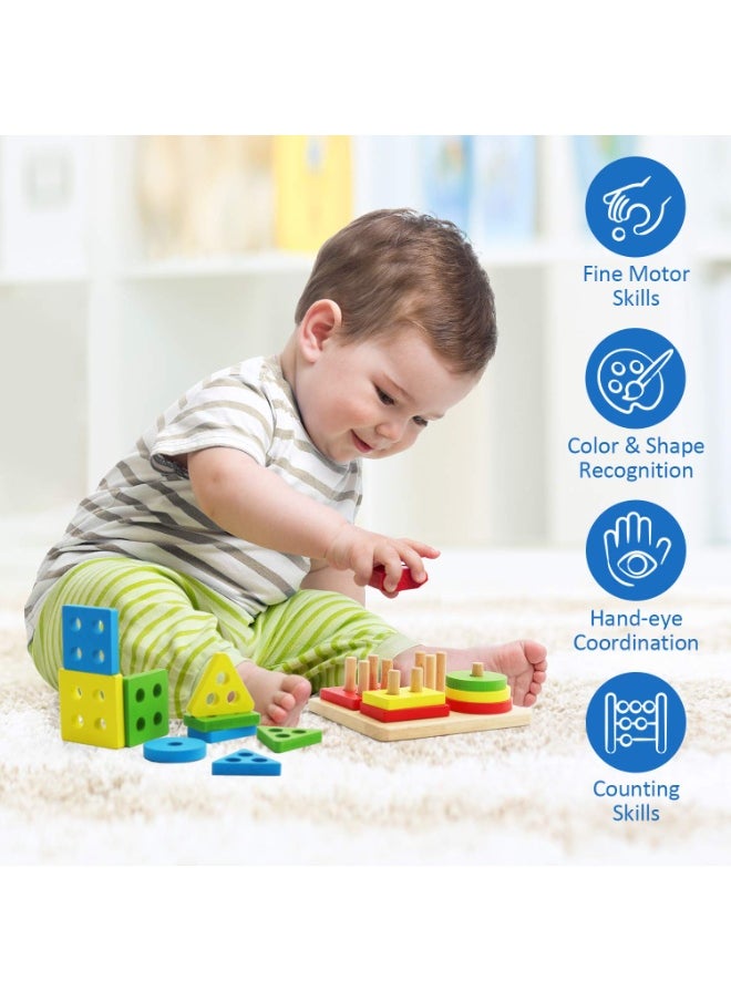 Wooden Geometric Building Blocks Set - 5pcs Color & Shape Sorting Toy for Early Learning, Educational Development, and Stacking Fun  - Image 3