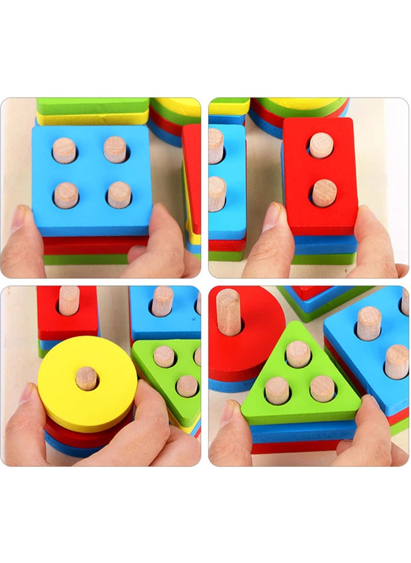Wooden Geometric Building Blocks Set - 5pcs Color & Shape Sorting Toy for Early Learning, Educational Development, and Stacking Fun  - Image 5