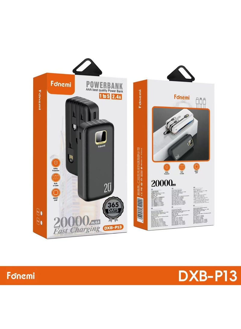 Fonemi DXB-P13 20000mAh Fast Charging Power Bank Built-in Cable Dual USB Smart Protection 1 Year Warranty