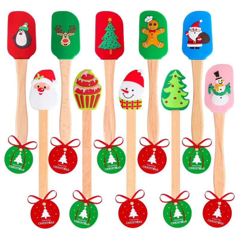 Whaline مجموعة وايلين 10 قطع ملعقة سيليكون لعيد الميلاد شجرة عيد الميلاد سانتا ملعقة بمقبض خشبي كرات الثلج وعاء مكشطة ملعقة بان كيك لطيفة مع شريط علامة للمطبخ الخبز الخلط الطهي