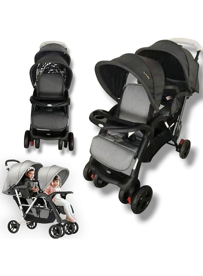 Twin baby Stroller with Canopy, Adjustable Seats, and Large Storage Basket,with food try DARK GREY - Image 2