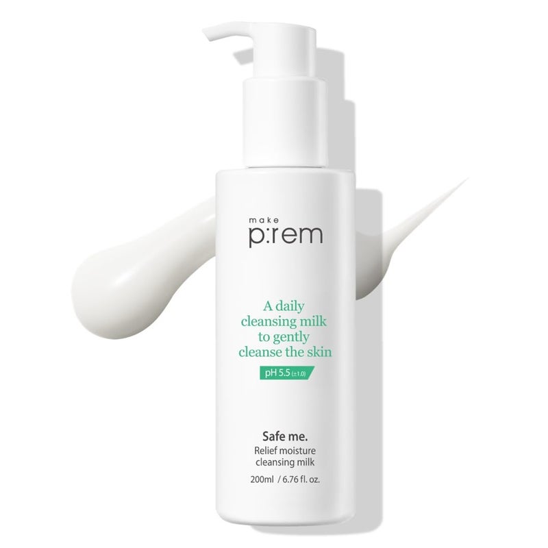 MAKEP:REM MAKEPREM Safe Me Relief Moisture Cleansing Milk 6.76 Fl Oz Sub-Acid pH 5.5 Mild Makeup Remover Gentle Milk Cleanser Dry Sensitive Acne-Prone Skin Moisturizing Age Defying No Chemicals Non-Irritating 