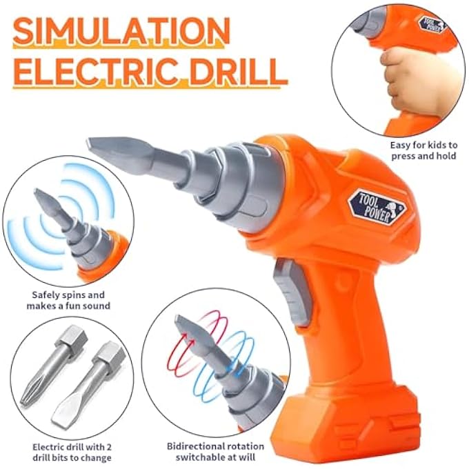 KIDS TOOL SET WITH ELECTRIC DRILL, 58 PCS TODDLER PLAY TOOLS SET, EDUCATIONAL TOYS FOR 3+ YEAR OLD, TODDLER TAKE APART CONSTRUCTION REAL TOYS, BIRTHDAY CHRISTMAS DAY GIFTS FOR BOY GIRL - Image 5